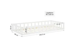 Homestyle4u Kinderbett Weiß mit Rausfallschutz 90x200 cm Bodenbett Lattenrost Matratze 3024