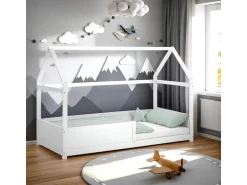 Homestyle4u Kinderbett Weiß Hausbett mit Rausfallschutz 90x200 cm Bodenbett 2811