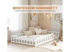 Homestyle4u Kinderbett Weiß mit Rausfallschutz 120x200 cm Bodenbett Lattenrost Matratze 3026