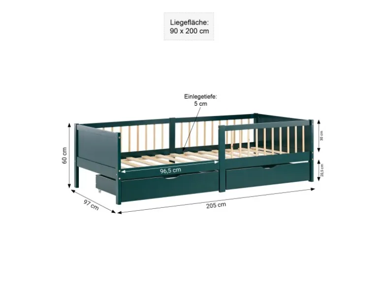 Homestyle4u Kinderbett 90x200 Holzbett mit Rausfallschutz Grün 2912