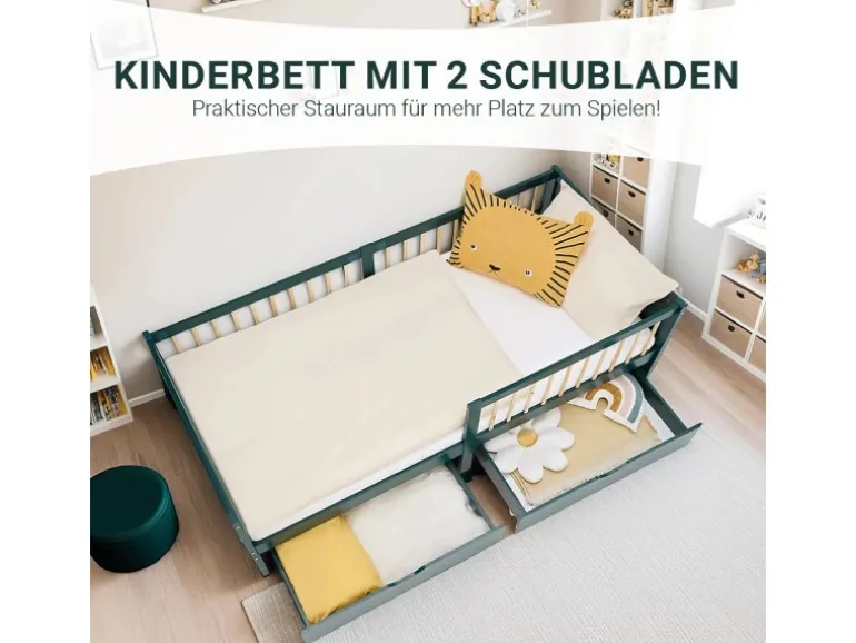 Homestyle4u Kinderbett 90x200 Holzbett mit Rausfallschutz Grün 2912