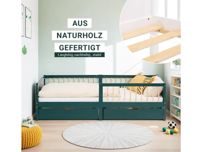 Homestyle4u Kinderbett 90x200 Holzbett mit Rausfallschutz Grün 2912