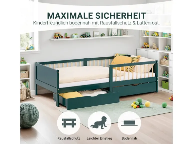 Homestyle4u Kinderbett 90x200 Holzbett mit Rausfallschutz Grün 2912