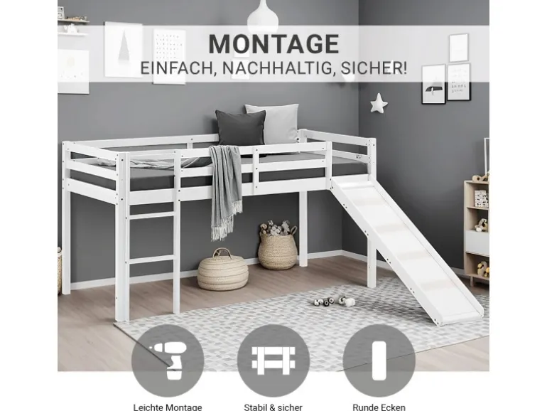 Homestyle4u Kinderbett 90x200 mit Lattenrost und Rutsche in Weiß 2254