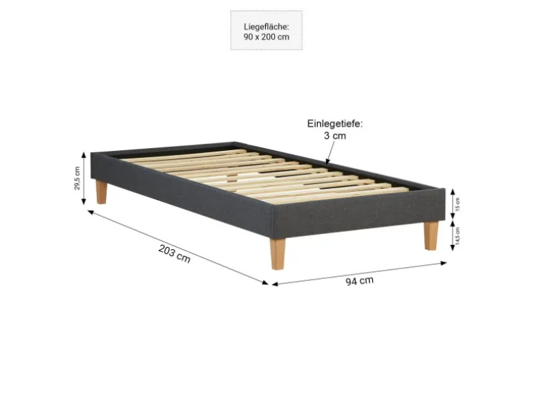 Homestyle4u Polsterbett mit Lattenrost 90x200 cm in Grau 1984