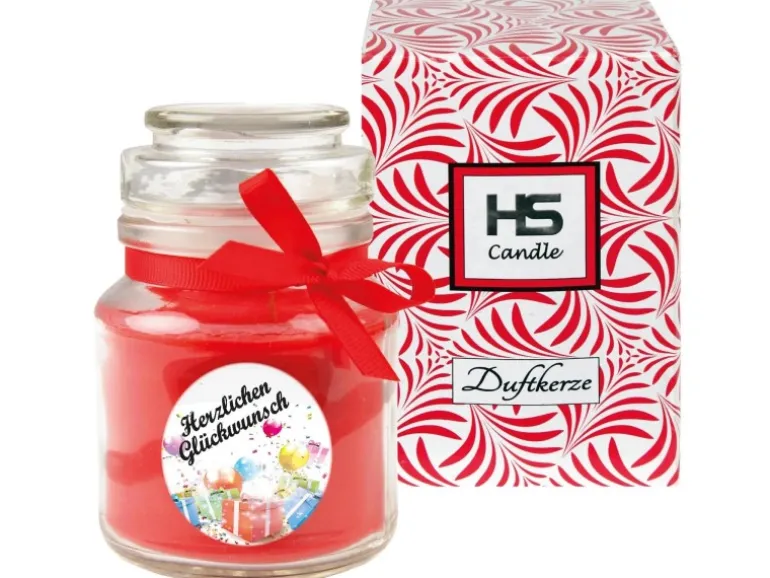 HS Candle Duftkerze & Bonbon Glas Geburtstag Rose Rot