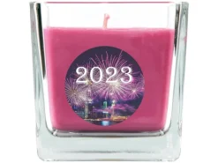 HS Candle Duftkerze & Glas Neujahr Lila Bonbon 50h