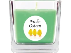 HS Candle Duftkerze & Glas Frohe Ostern Viereck 8 x 7,5cm Coconut Limes Küken