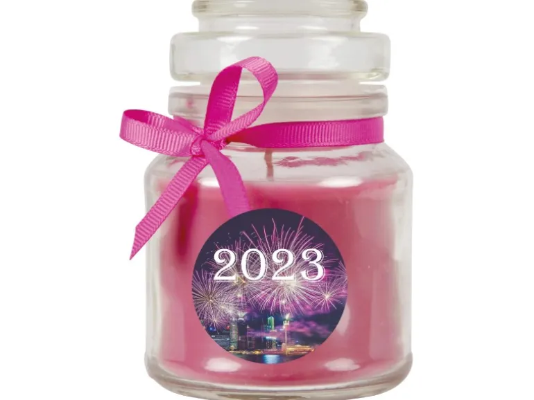 HS Candle Duftkerze & Glas Neujahr Lila Bonbon 30h