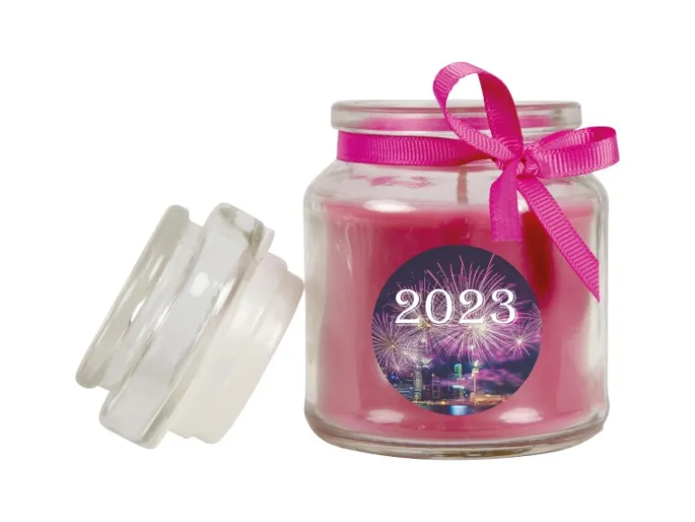 HS Candle Duftkerze & Glas Neujahr Lila Bonbon 30h