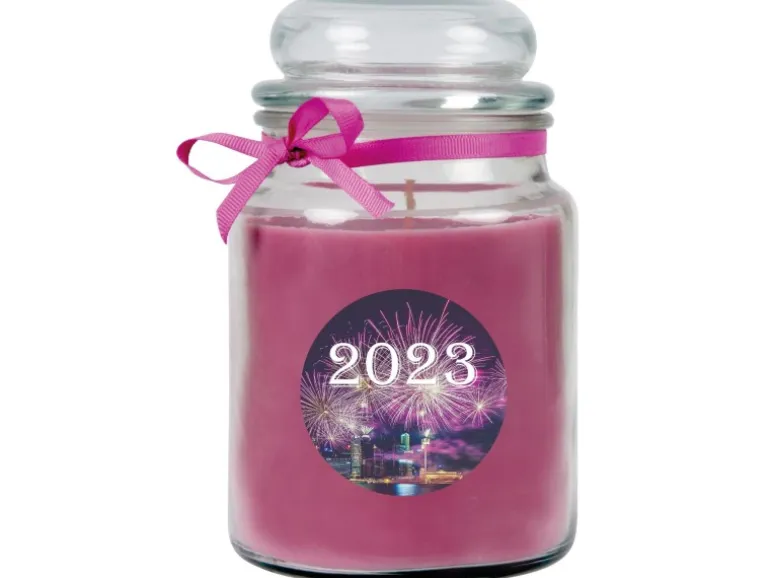 HS Candle Duftkerze & Glas Neujahr Lila Bonbon 110h