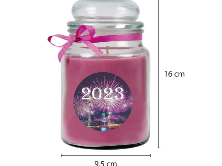 HS Candle Duftkerze & Glas Neujahr Lila Bonbon 110h