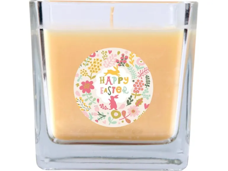 HS Candle Duftkerze & Glas Ostern Creme Viereck 50h Happy Easter Blumen