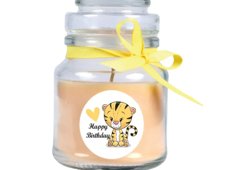 HS Candle Duftkerze & Glas Happy Birthday Bonbon Vanille Tiger