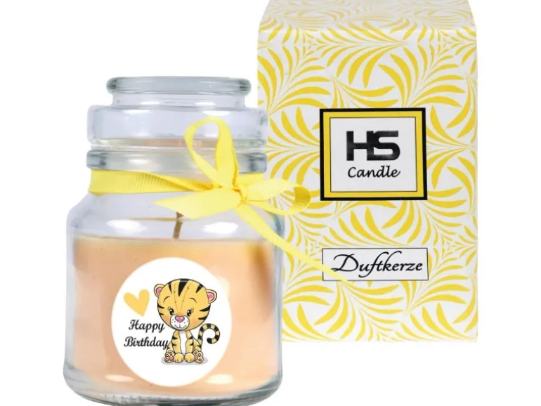 HS Candle Duftkerze & Glas Happy Birthday Bonbon Vanille Tiger