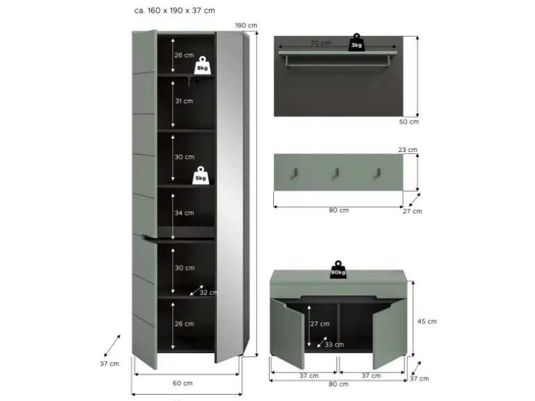 Inn.Furn Garderoben-Set 4-teilig in Salbei und Grau 160 cm Cooper