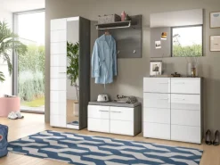 Inn.Furn Garderoben-Set 5-teilig Weiß Hochglanz Grau 250 cm Rumba