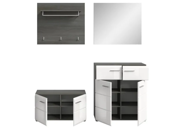 Inn.Furn Garderoben-Set 4-teilig Weiß Hochglanz Grau 175 cm Rumba