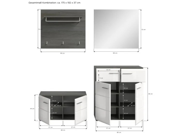 Inn.Furn Garderoben-Set 4-teilig Weiß Hochglanz Grau 175 cm Rumba
