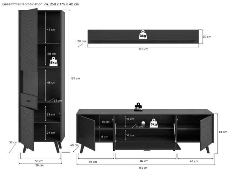 Inn.Furn Wohnwand in Grau Matt 258 cm Madea