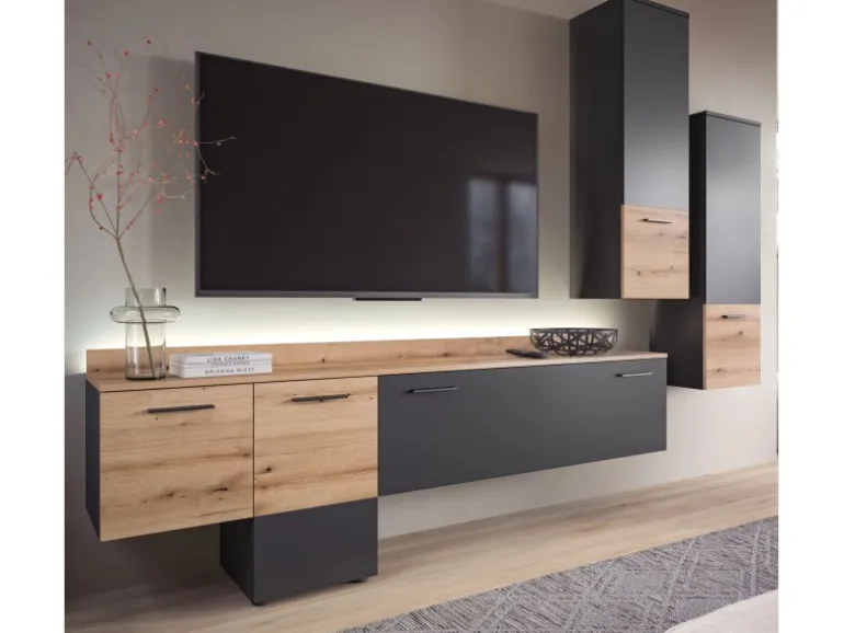 Inn.Furn Wohnwand 3-teilig Grau Evoke Eiche 247 cm mit Soft-Close Elian