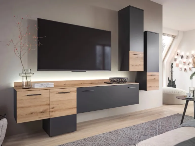 Inn.Furn Wohnwand 3-teilig Grau Evoke Eiche 247 cm mit Soft-Close Elian