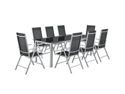 Juskys Aluminium Gartengarnitur Milano 9 Teilig mit Tisch und 8 Stühlen Silbergrau