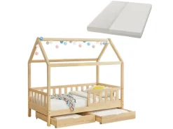 Juskys Kinderbett Marli 80 x 160 cm mit Bettkasten und Matratze Natur