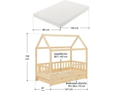 Juskys Kinderbett Marli 80 x 160 cm mit Bettkasten und Matratze Natur