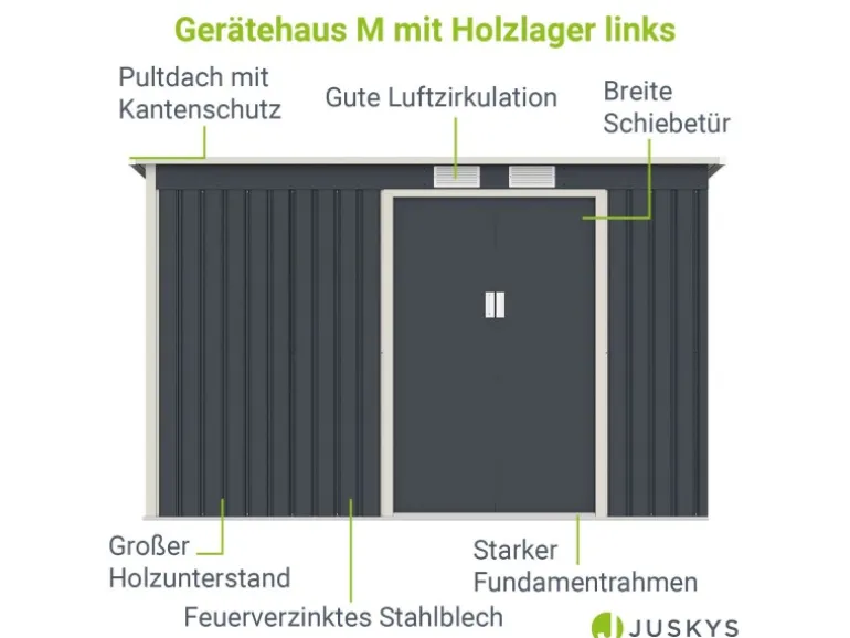 Juskys Metall Geräteschuppen M Anthrazit mit Unterstand Links