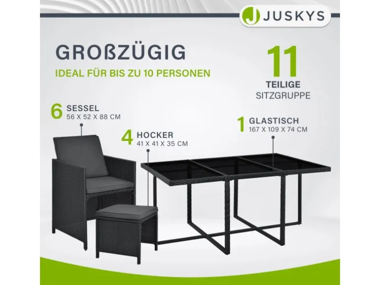 Juskys Polyrattan Essgruppe Baracoa XL 11 Teilig Schwarz