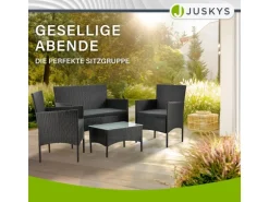 Juskys Polyrattan Gartenmöbel Sitzgruppe Fort Myers Schwarz und Dunkelgraue Bezüge