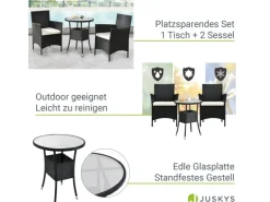 Juskys Polyrattan Gartenmöbel Balkon Set Bayamo in Schwarz mit Bezügen in Beige