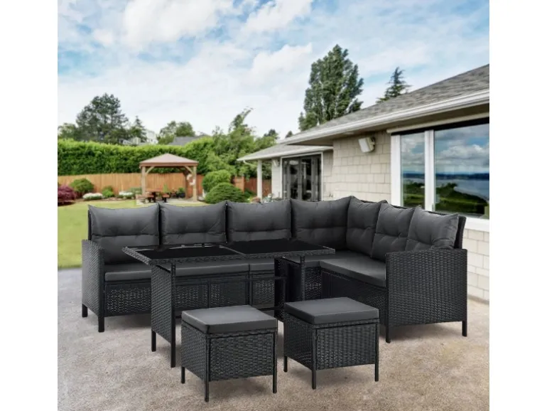 Juskys Polyrattan Gartenmöbel Lounge Manacor Schwarz mit Bezügen in Dunkelgrau