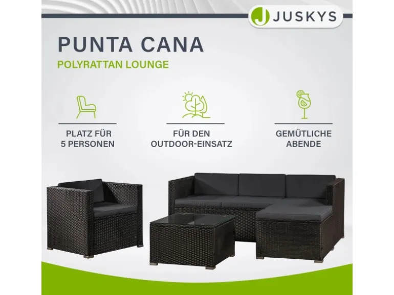 Juskys Polyrattan Lounge Sitzgarnitur Punta Cana L Schwarz mit Bezügen in Dunkelgrau