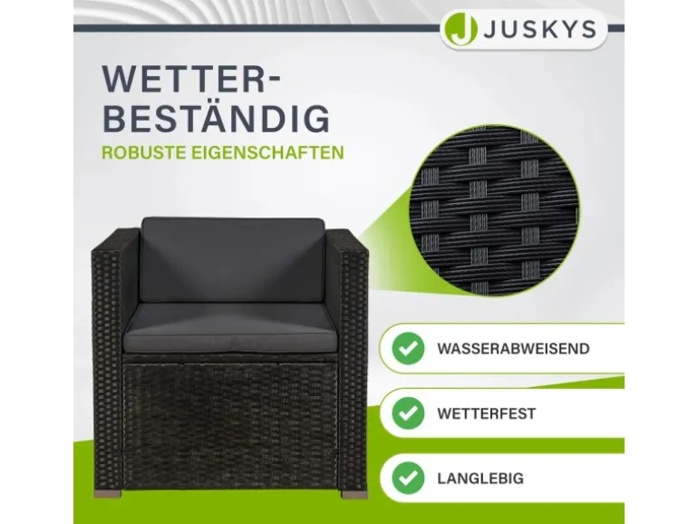 Juskys Polyrattan Lounge Sitzgarnitur Punta Cana L Schwarz mit Bezügen in Dunkelgrau