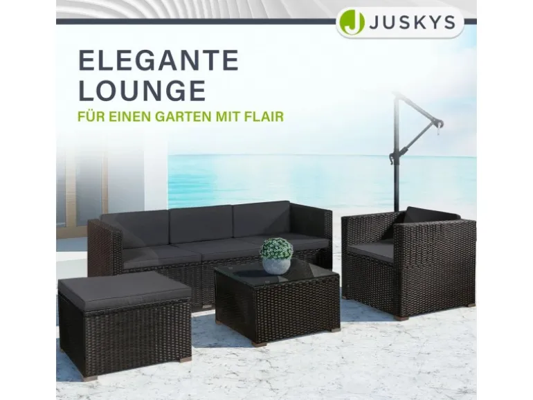 Juskys Polyrattan Lounge Sitzgarnitur Punta Cana L Schwarz mit Bezügen in Dunkelgrau