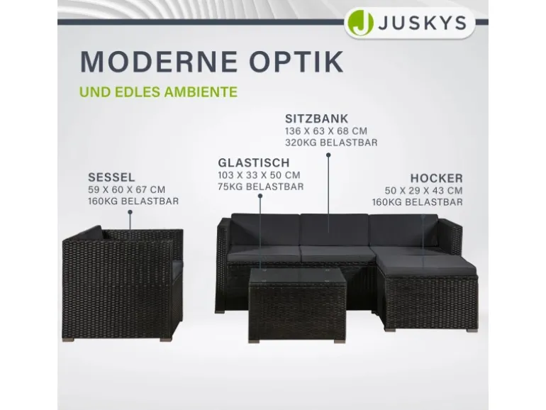 Juskys Polyrattan Lounge Sitzgarnitur Punta Cana L Schwarz mit Bezügen in Dunkelgrau