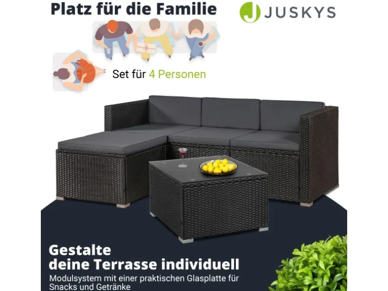 Juskys Polyrattan Lounge Sitzgarnitur Punta Cana M Schwarz mit Bezügen in Dunkelgrau