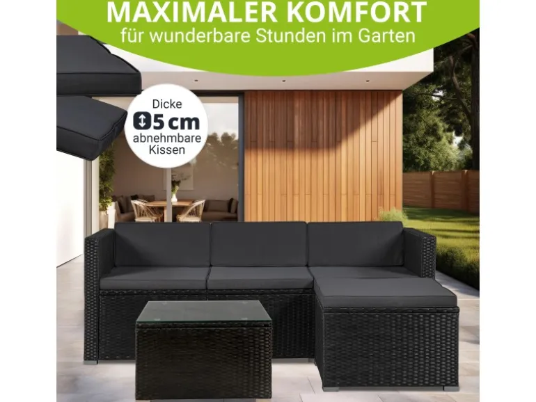Juskys Polyrattan Lounge Sitzgarnitur Punta Cana M Schwarz mit Bezügen in Dunkelgrau