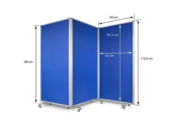 KARAT Filz Stellwand Dreiteilige Trennwand mit Rollen Doppelseitig Blau 180 x 180 cm