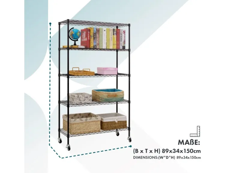 KARAT Gitterregal Maya mit Rollen und Feststellbremse 5 Böden 89 x 34 x 150 cm Schwarz