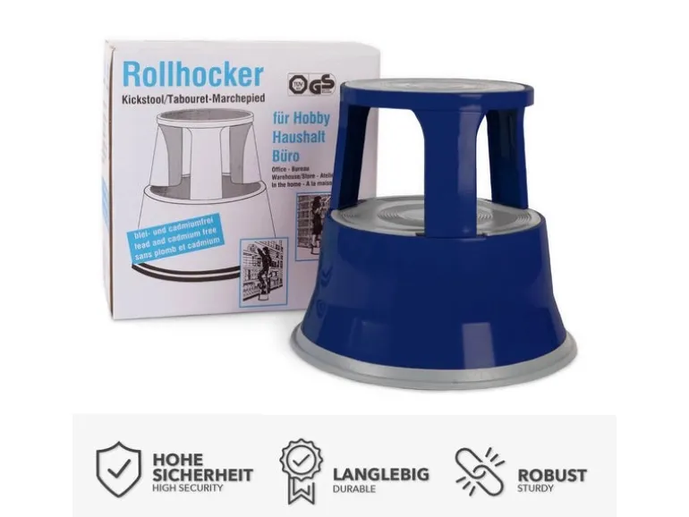 KARAT Rollhocker Elefantenfuß Rolltritt aus Stahl - Hocker für Büro oder Gewerbe 150 kg Belastbar TÜV-geprüft - Blau