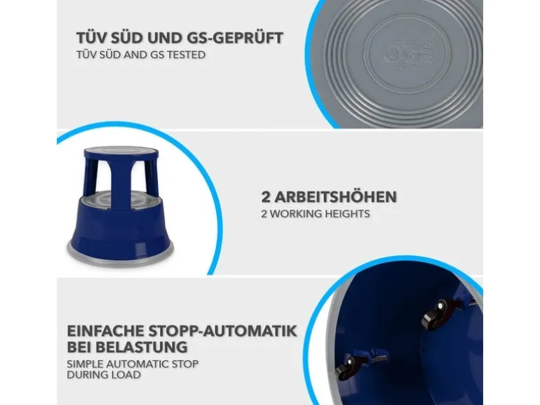 KARAT Rollhocker Elefantenfuß Rolltritt aus Stahl - Hocker für Büro oder Gewerbe 150 kg Belastbar TÜV-geprüft - Blau