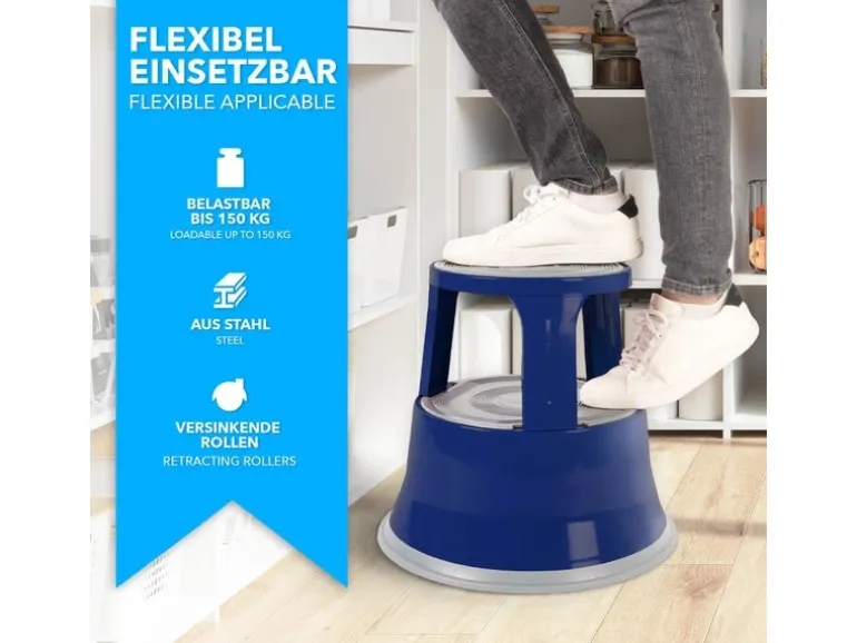KARAT Rollhocker Elefantenfuß Rolltritt aus Stahl - Hocker für Büro oder Gewerbe 150 kg Belastbar TÜV-geprüft - Blau