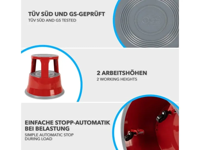 KARAT Rollhocker Elefantenfuß Rolltritt aus Stahl - Hocker für Büro oder Gewerbe 150 kg Belastbar TÜV-geprüft - Rot