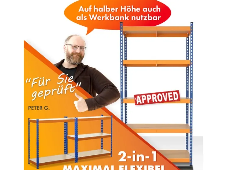 KARAT Schwerlastregal Rhino bis 1050 kg Pulverbeschichtet 180 x 90 x 60 cm Blau-Orange