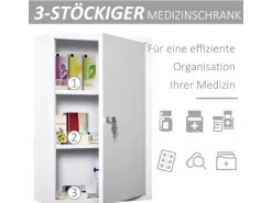 Kleankin Medizinschrank mit Schloss 3 Fächer Stahl Weiß 40 x 18 x 60 cm