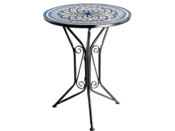 Kobolo Gartentisch Mediterran mit Platte in Mosaikoptik Weiß Blau Höhe 68 cm Durchmesser 55 cm