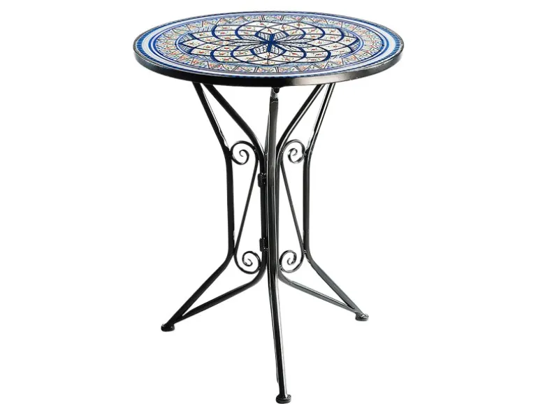 Kobolo Gartentisch Mediterran mit Platte in Mosaikoptik Weiß Blau Höhe 68 cm Durchmesser 55 cm
